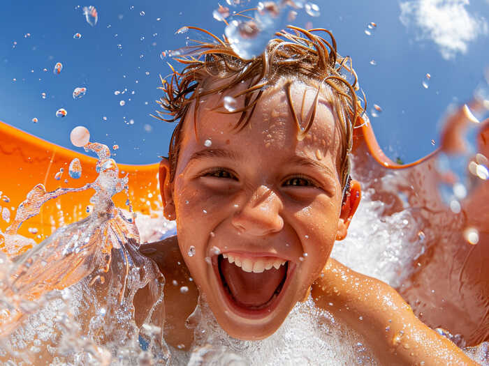 Child on an orange waterslide, water splashing as he smiles with enjoyment