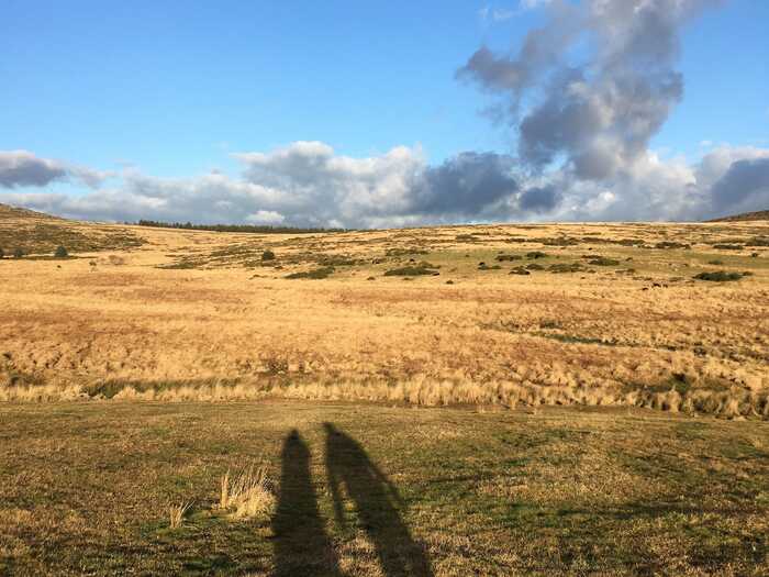 the shadow of a couple walking on Dartmoor the shadow of a couple walking on Dartmoor