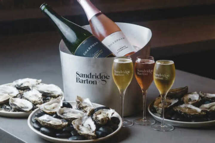 Bottles of Sandridge Barton sparkling wine in an ice bucket with oysters and glasses of wine on a table.